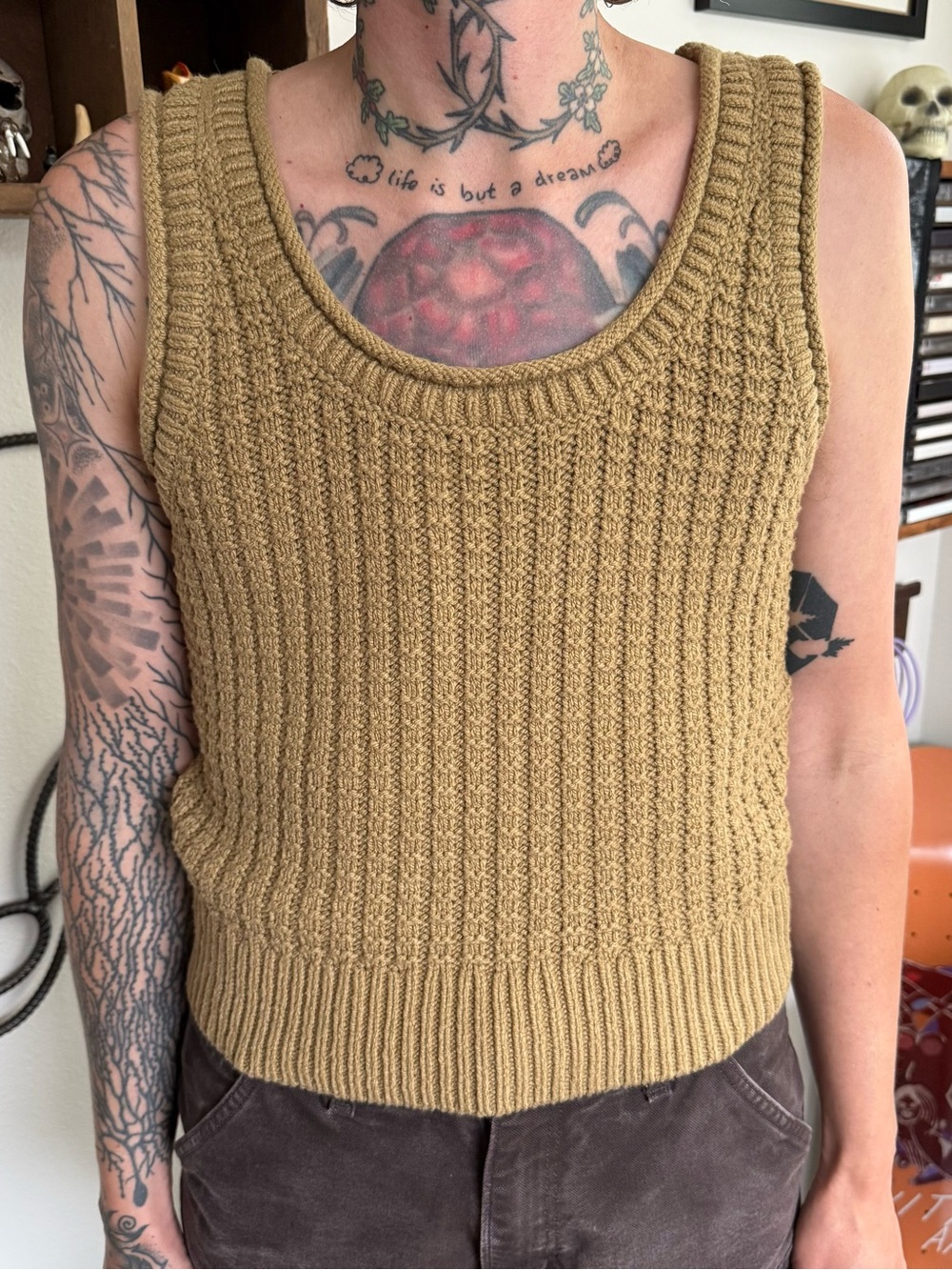 Madewell Dark Khaki Textured-Stitch Sweater Tank ~ Size Medium